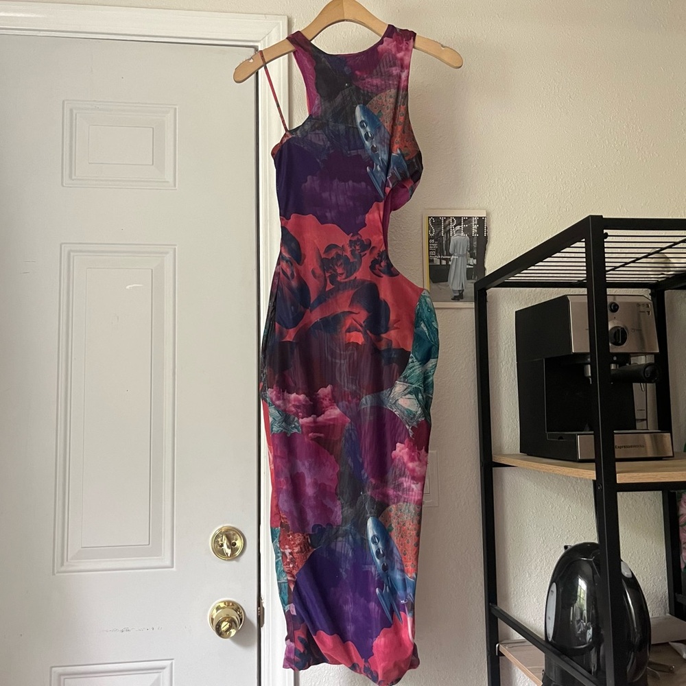 MISTRESS ROCKS purple‎ multicolor space print mesh cutout asymmetrical bodycon